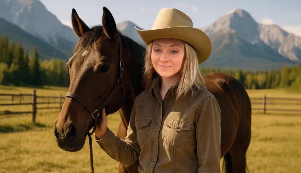 Amber Marshall beside a horse on the Heartland ranch