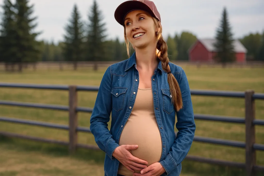 Amy Fleming standing pregnant on the ranch in a denim shirt, with the Alberta landscape behind her