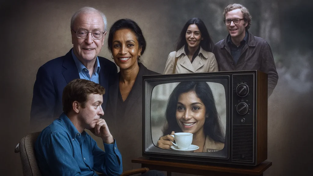 Michael Caine watching a coffee commercial featuring a young Shakira Baksh on a vintage TV, with real-life couple portraits in the background.