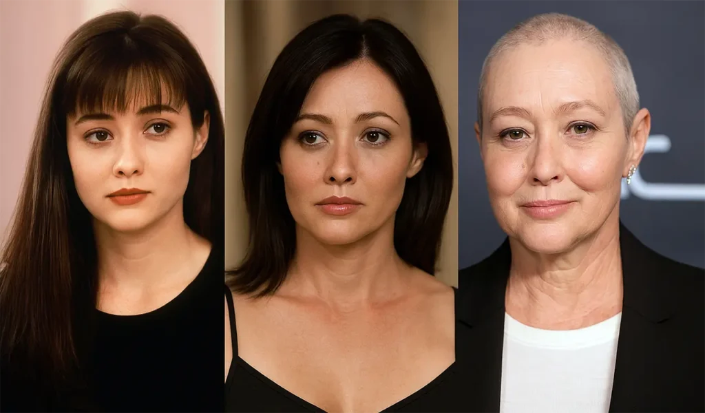 Shannen Doherty in three portraits from her roles in 90210, Charmed, and her later years