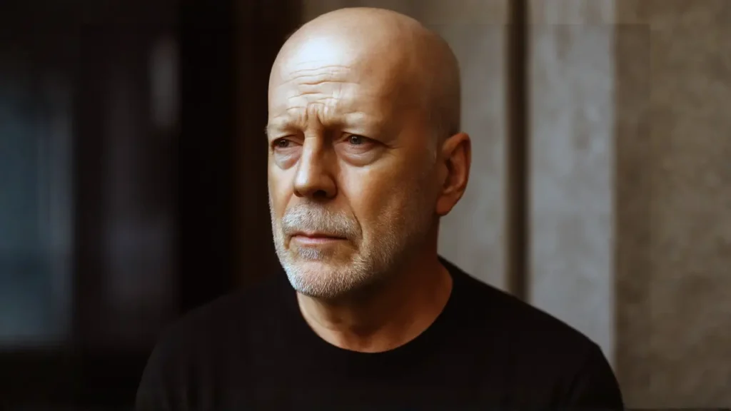Close-up portrait of Bruce Willis looking serious, reflecting on his final years in film