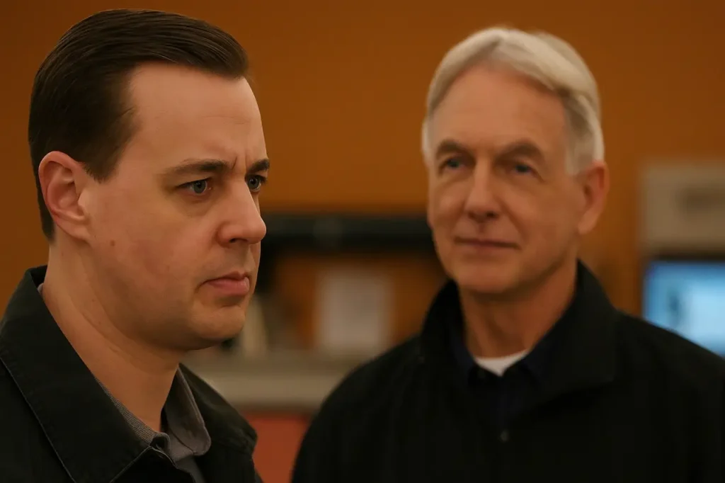 McGee looks intensely focused as Gibbs stands behind him in soft focus, symbolizing the emotional return of Gibbs in NCIS Season 22, Episode 19.