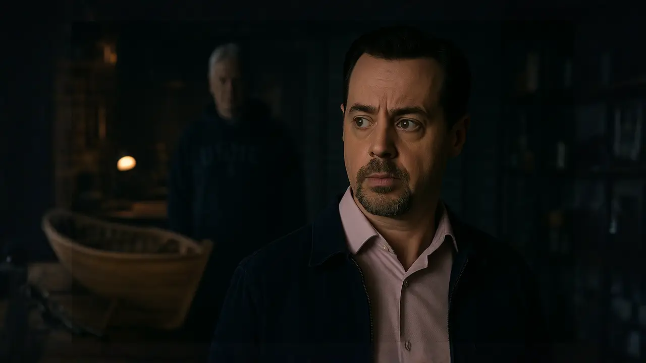 Timothy McGee looks concerned in Gibbs' basement as a shadowy figure looms behind him in NCIS Season 22.