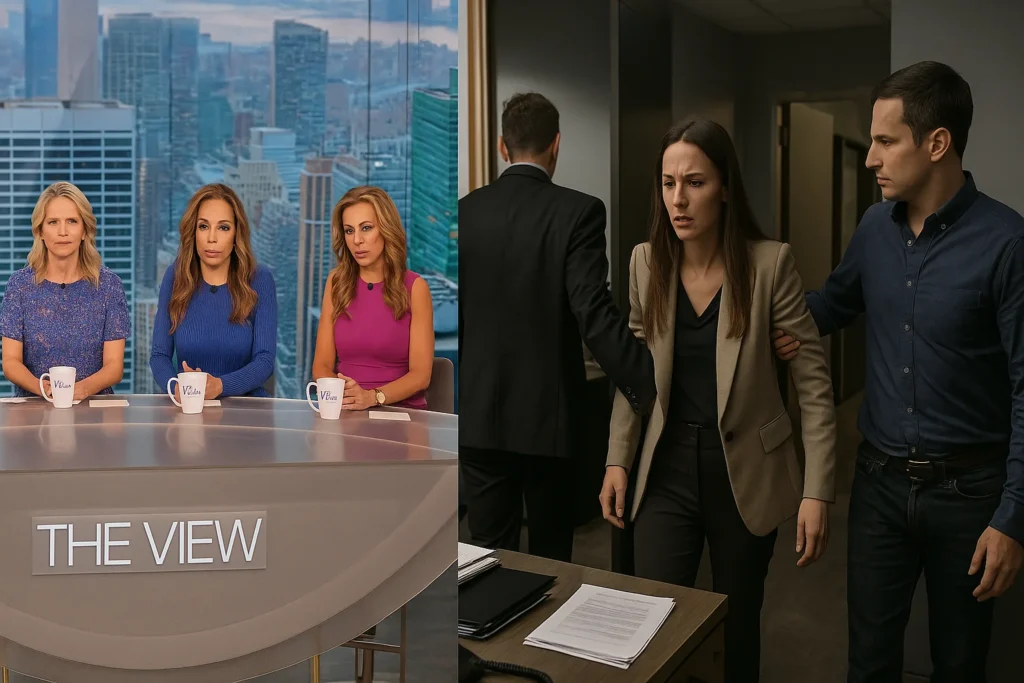 Split image of The View co-hosts on-air and backstage office tension with staff escorting a woman